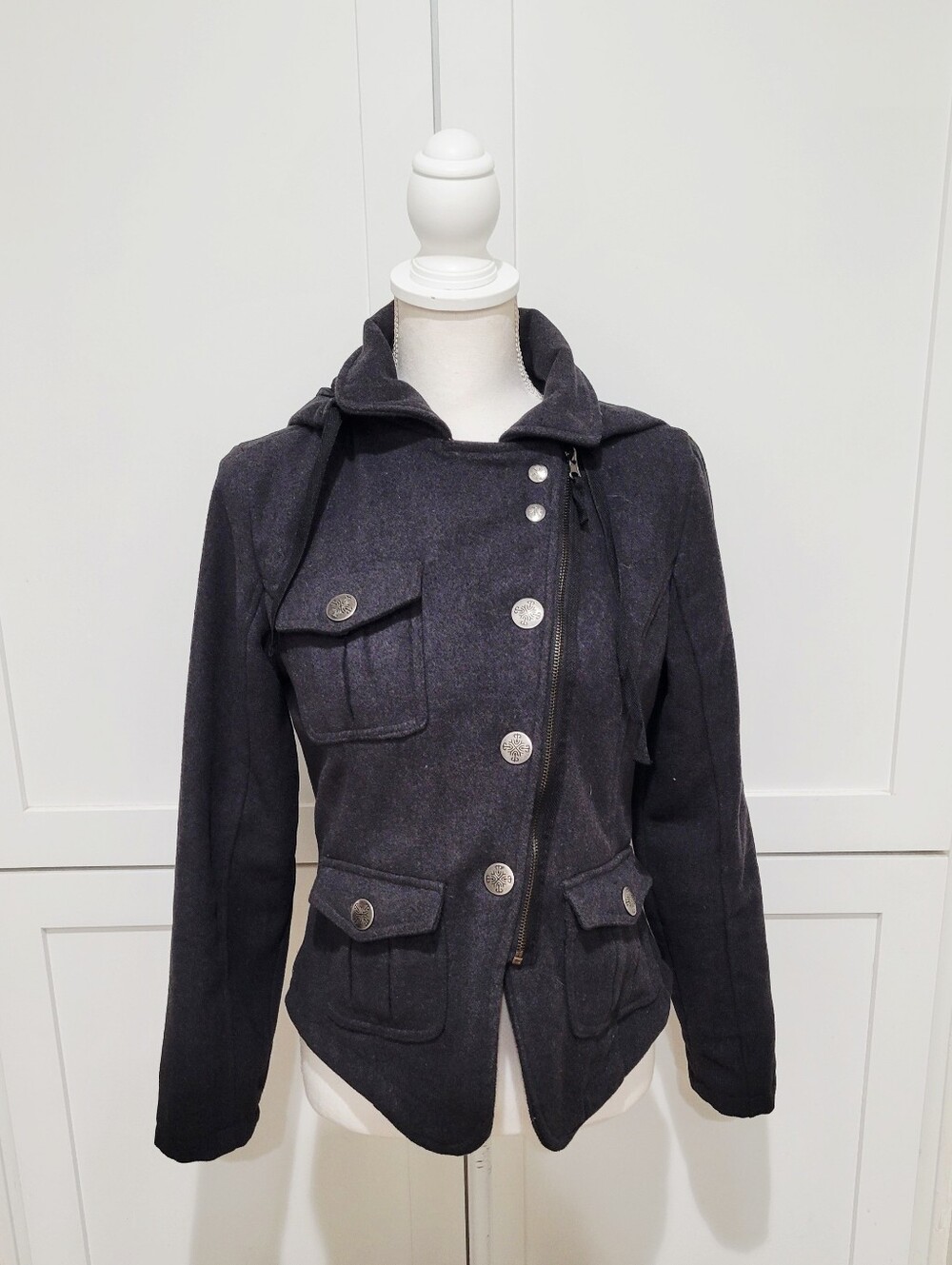Dollhouse Dark Gray Military Style Jacket with Removable Hood | Size Medium